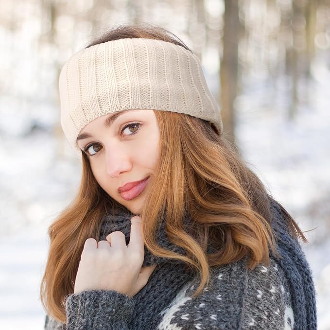 AQOKKA Knit Winter Headbands for Women Fuzzy Wool Fleece Lined Ear Warmers Elastic Turban Crocheted Head Wrap Winter Accessories for Women Cold Weather