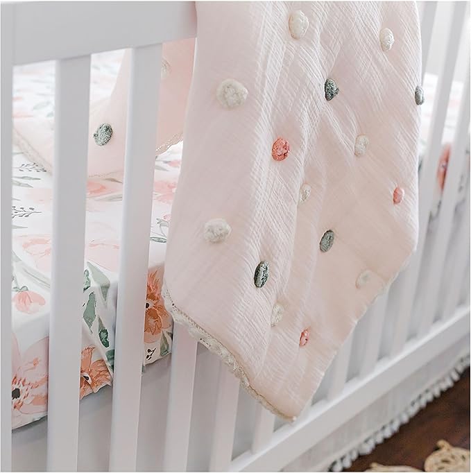 Crane Baby Soft Cotton Muslin Nursery Blanket with Pom Pom Trim, 36" X 36", Stroller Blanket for Girls, Pink Nursery Decor, for Girls, 100% Cotton, Polka Dot