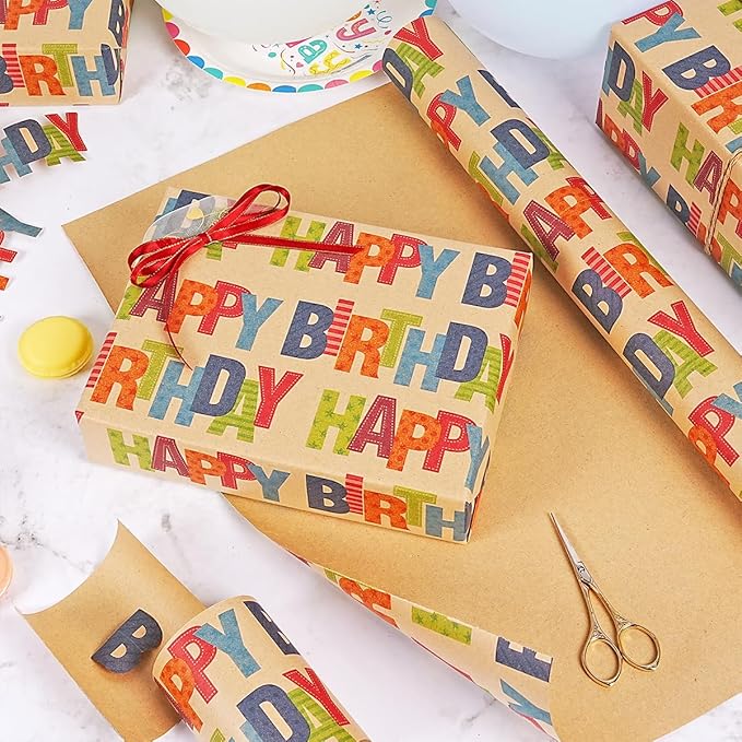 Birthday Wrapping Paper Roll, Kraft Gift Wrapping Paper Jumbo Roll, Colorful Happy Birthday Wrapping Paper for Kids Boys Girls Men Women, Brown Kraft Wrapping Paper for Birthday Party, 17Inchx49Feet