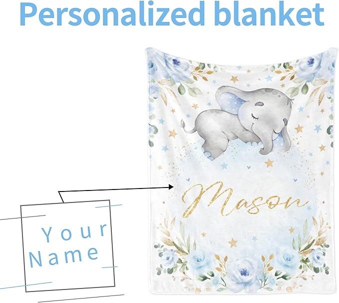 Elephant Baby BlanketPersonalized BlanketWith NameforBoyCustom Name BlanketforNewborn BoySoft Flannel Toddler Blanket Customized GiftforBirthday Christmas Baby Shower 60inX80in 4-elephant Blue