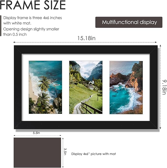 8x14 Collage Picture Frame, 4x6 Collage Picture Frame Displays Three 4x6 inch Photos, or 8x14 (Without Mat) for Available Horizontal Wall Mounting Display and Vertical, Black.