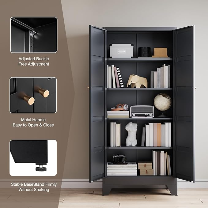 Yizosh Metal Storage Cabinet with 2 Doors and 4 Adjustable Shelves - 71" Black Kitchen Pantry Storage Cabinet,4-Tier Tall Steel Cabinet Locker for Living Room,Dining Room,Kitchen