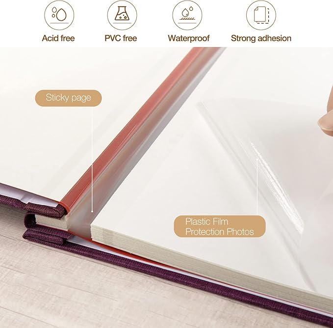 potricher Large Photo Album Self Adhesive 3x5 4x6 5x7 8x10 10x12 Pictures Linen Cover 40 Blank Pages Magnetic DIY Scrapbook Album with A Metallic Pen (Purple, 13.2x12.8 inch 40 Pages)