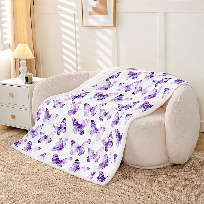 Feelyou Girls Purple Butterfly Fleece Throw Blanket Queen 90"x90" Kids Watercolor Sherpa Blanket Plush Fuzzy for Bed Couch Chair Living Room, Chic Gorgeous Bed Blanket Room Decor