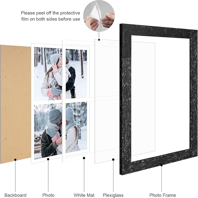 11x17 Picture Frame Display 2 opening 8X10 Double Picture Frame Collage,Multi Photo Frame with Mat,Plexiglass,Wall Mount Decor,Black Wood Grain
