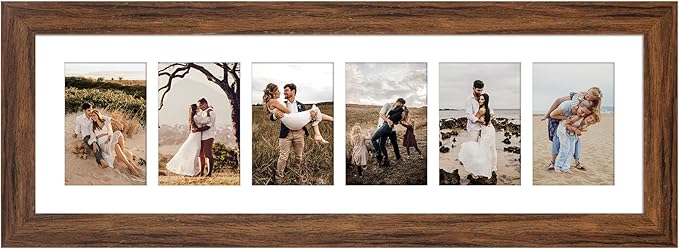8x26 Picture Frame Display 6 opening 4X6 Picture Frame Collage,Multi Photo Frame with Mat,Plexiglass,Wall or Tabletop Decor,Carbonized Brown Wood Grain