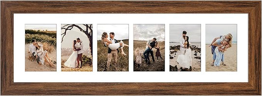 8x26 Picture Frame Display 6 opening 4X6 Picture Frame Collage,Multi Photo Frame with Mat,Plexiglass,Wall or Tabletop Decor,Carbonized Brown Wood Grain