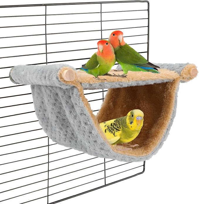 BWOGUE Bird Nest Bed Hanging Hammock, Parakeet Bed for Cage, Cockatiel Bed | Warm Fleece Snuggle Hut, Double-Layer Comfort, Wooden Perch Setup, Washable Hammock