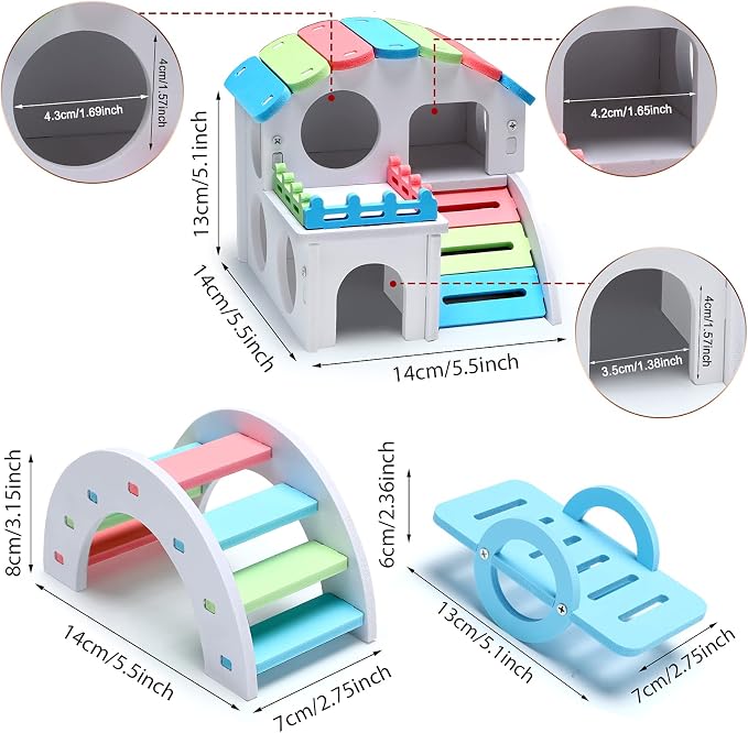 Skylety 3 Pieces Fun Hamster Guinea Pig Hideout Kit,Small,Rainbow Color | Include PVC Hamster House, Rainbow Bridge, Seesaw DIY Exercise Playhouse for Rats Mouse Small Animals
