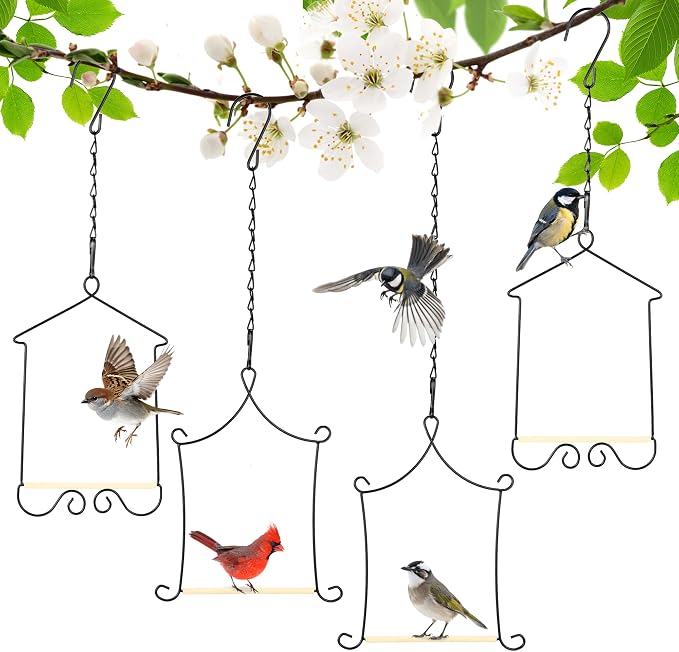 Metal Frame Hummingbird Swings and Perches with Wooden Dowel Black Bird Swing Outdoor Bird Perch Humming Bird Swing (4PK)