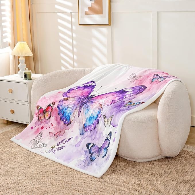 Feelyou Girls Fleece Throw Blanket Baby 30"x40" Kids Watercolor Butterfly Sherpa Blanket Plush Fuzzy for Bed Couch Chair Living Room, Pink Purple Bed Blanket Room Decor
