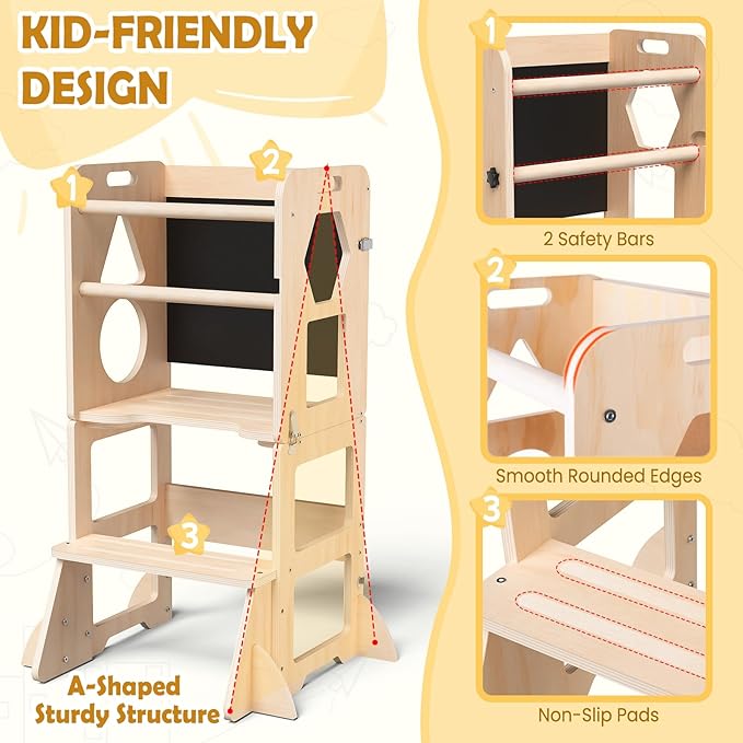 Woodure 4-in-1 Toddler Kitchen Step Stool, Foldable Learning Standing Tower with Blackboard, Wooden Kitchen Stool Helper for Kids, 1-3 Year Old Boy Girl Gifts