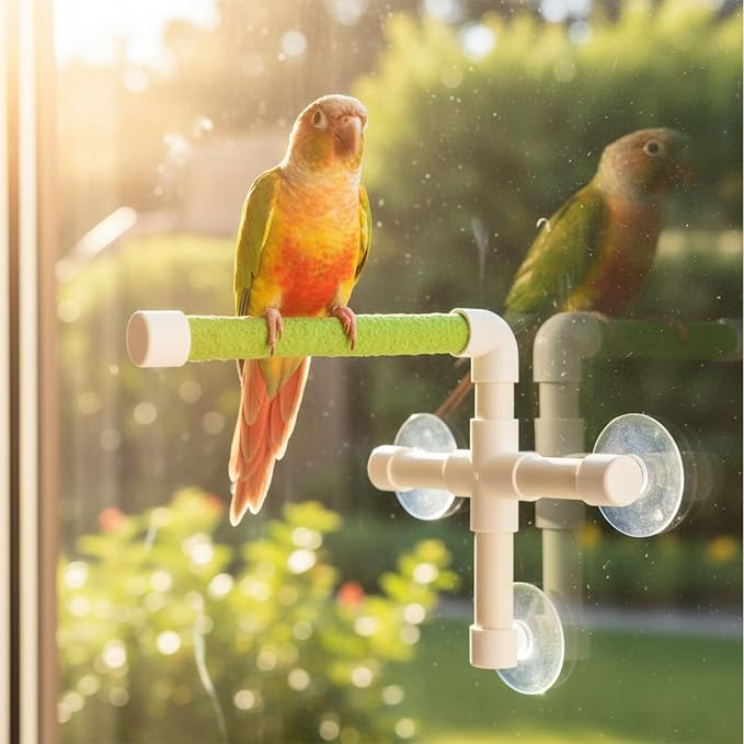 Hypeety Portable Suction Cup Bird Window and Shower Perch Toy Parrot Stand | 3 strong suction cups, parrot bath perch with quartz sand surface, fits windows/tile, for parakeets/budgies/cockatiels, green