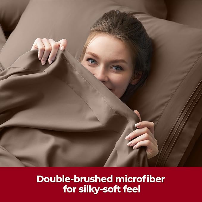 Mellanni Extra Deep Queen Sheets - 4 PC Iconic Collection Bedding - Hotel Luxury, Ultra Soft, Cooling Bed Sheets - Wrinkle, Fade, Stain Resistant (Queen, Brown)