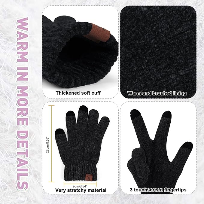 Womens Winter Knit Warm Hat Beanie Long Scarf Touch Screen Gloves Set Skull Caps Neck Scarves for Women