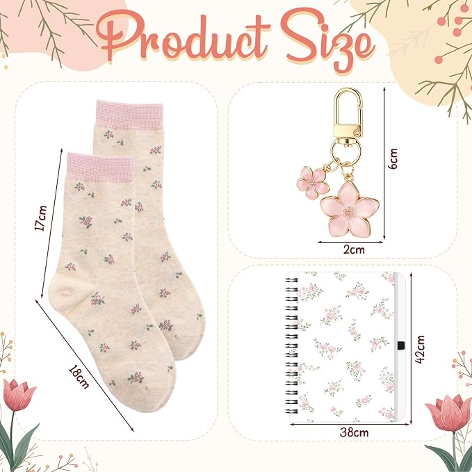 Talltalk 6 Pcs Pink Flower Gifts for Women Flower Lover Gift Set, Socks Canvas Bag Makeup Bag Spiral Notebook Ballpoint Pen and Stainless Steel Keychain for Christmas Birthday Graduation Thanksgiving