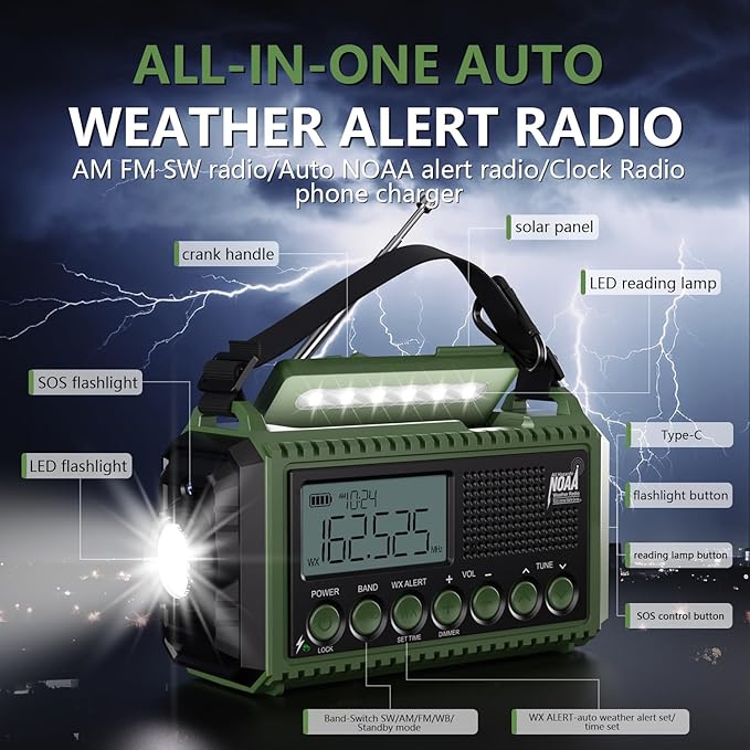 NOAA Emergency Radio with Auto Weather Alerts - 12000mAh Solar Hand Crank Weather Radio, 6 Power Sources, Bright LCD Digital Tuning, AM/FM/SW Receiver, SOS Alarm & Power Bank for Home Camping Survival