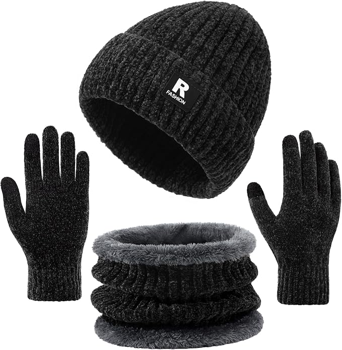Winter Beanie Hat Circle Scarf Gloves Set for Men Women, Thick Warm Chenille Skull Cap Touchscreen Gloves Neck Warmer