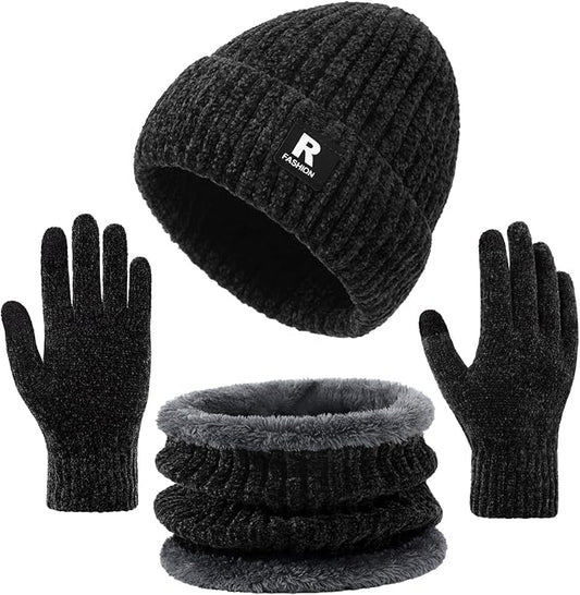 Winter Beanie Hat Circle Scarf Gloves Set for Men Women, Thick Warm Chenille Skull Cap Touchscreen Gloves Neck Warmer