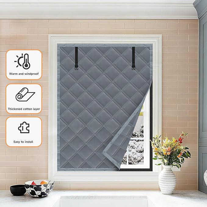 Winter Insulated Window Curtain 63"x63", Oxford Cloth Thermal Insulated Window Cover with Buckles,Heavy Duty Window Insulation Kit Fits Windows up to 62"x62",Grey
