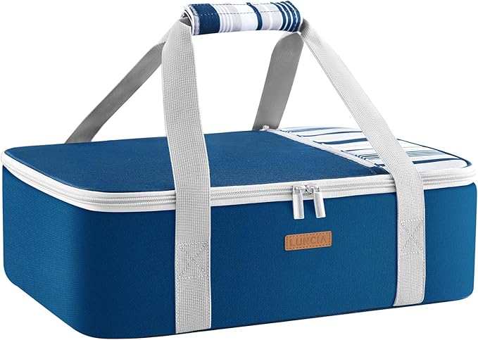 LUNCIA Insulated Single Decker Casserole Carrier, Lasagna Lugger Tote Keeps Food Hot or Cold, Thermal Lunch Bag for Potluck Parties, Picnic and Cookouts, Fits 9" x 13" Baking Dish, Dark Blue