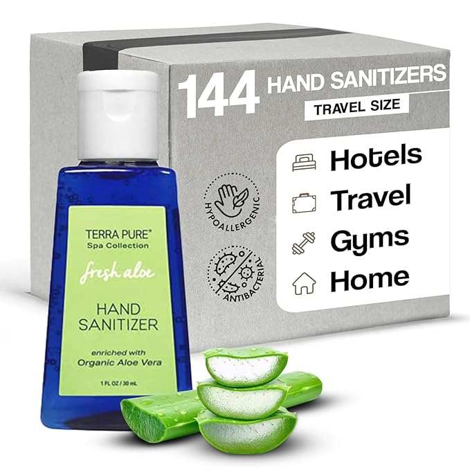 Terra Pure Hotel Hand Sanitizer Gel | Mini Hand Sanitizer Bulk | Alcohol-Free with Organic Aloe Vera | 1oz Bottles | Case of 144