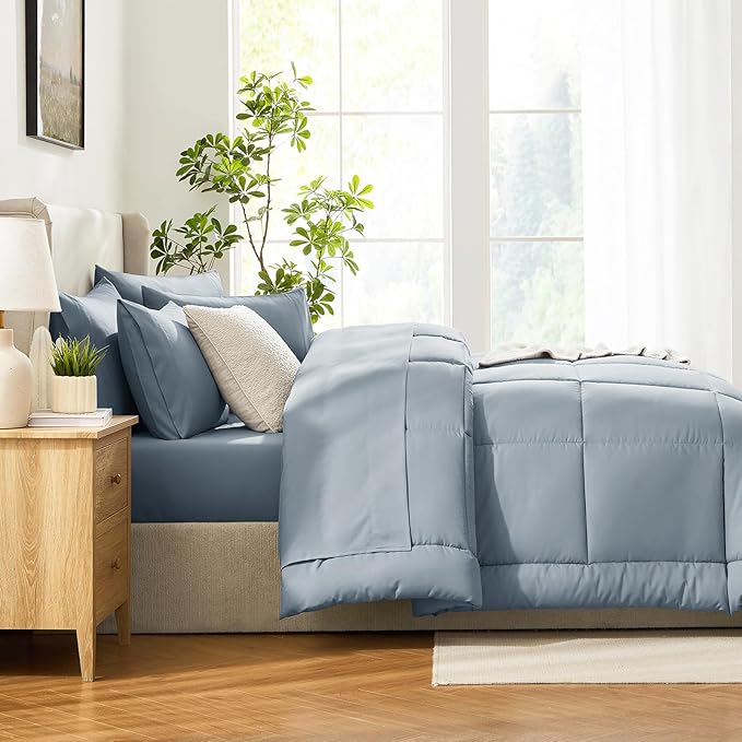 CozyLux Queen Comforter Set Grayish Blue, 7 Pieces Bed in a Bag, Blue Comforter Queen Size, All Season Bedding Sets with Stitch Quilted Comforter, Flat Sheet, Fitted Sheet, Pillowcases