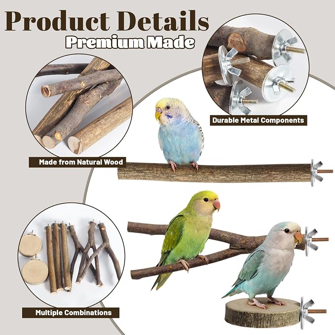 8 Pack 9 Inch Natural Wood Bird Perches for Cage, Wood Parrot Perch | Wooden Parrot Stand Platforms, Hardwood Branches, Climbing & Chew Toy for Bird Cage Accessories, Ideal for Parakeets, Budgies