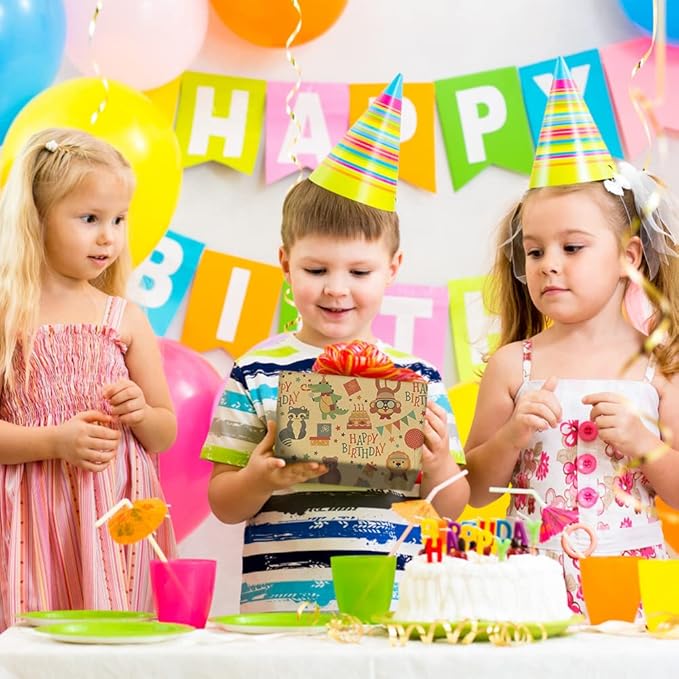 Geluode Birthday Wrapping Paper for Boys Kids Girls, Happy Animals Party Dinosaur Design Kraft Gift Wrap Paper, Happy Birthday Wrapping Paper 6 Sheets Folded Flat 20x28 inches per Sheet
