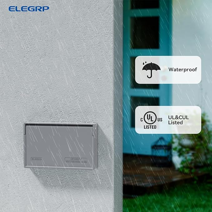 ELEGRP Horizontal Outdoor Cover for Duplex Receptacles, Weatherproof Wall Plate, Outdoor Electrical Outlet Cover, Standard Size 1-Gang 4.77” x 2.97”, Thermoplastic, 2 Pack, Grey