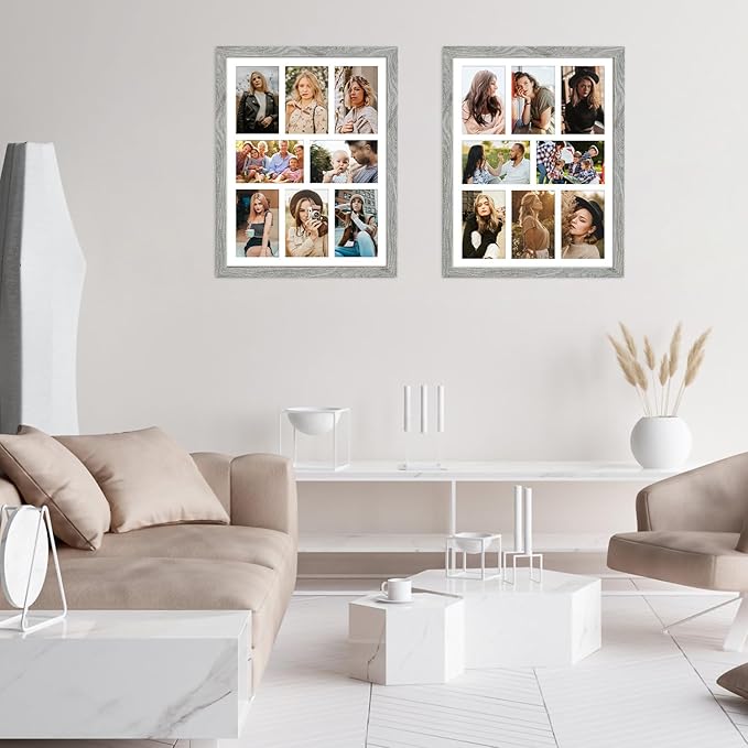 13x17 Collage frame with 8 Openings 4X6 Pictures, Multiple Picture Frame with Mat, Wall or Tabletop Decor, Grey Wood Grain,2 Pack