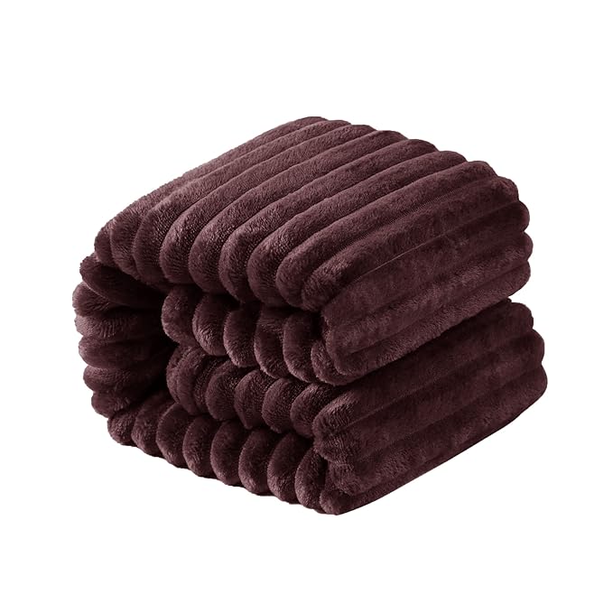 NTBAY Plush Flannel Twin Bed Blanket, 60x80 Inches Soft and Warm Lightweight Bed Blanket with Striped Texture for Couch, Sofa, All Seasons, Brown