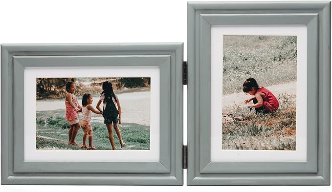 Horizontal & Vertical 5X7 Picture Frames Double Hinged Wood Folding Photo Frames with Real Glass Front Fit for Desktop or Tabletop Display Pictures 4x6 with Mat or 5x7 Without Mat, Gray