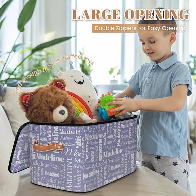 Custom Storage Basket with Name, Personalized Keepsake Box with Zipper Lid, Foldable Fabric Memory Bin Large capacity with Handle Haze Purple