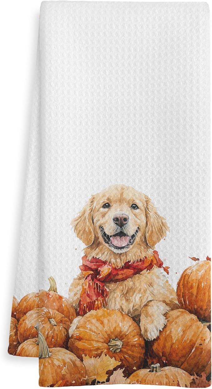 Fall Golden Retriever Gifts Kitchen Towels, Golden Retriever Lover Gifts Dish Tea Towel for Kitchen Decor, Farmhouse Fall Autumn Maple Leaf Dog Hand Towels for Bathroom Decor,16X24 Inch