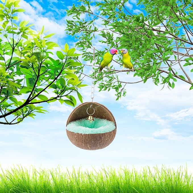 2 Pack Natural Coconut Shell Bird Nest with Pads for Small Parrots | Bird cage house, parakeet nesting box practical bird bed cage accessory resting and breeding shelter for small medium birds