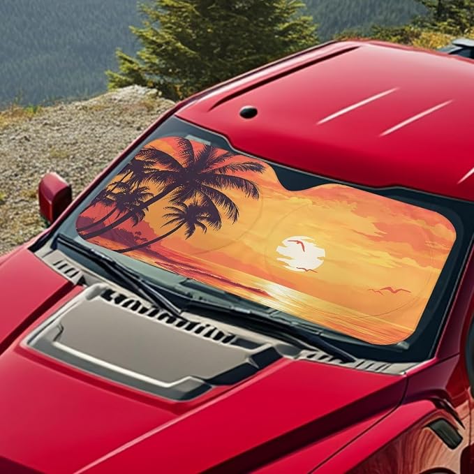 Tropical Sunset Windshield Sun Shade Foldable Car Sun Shade for Front Window Blocks UV Rays Heat Block Universal Fit for Car Window Sunshades Cover Suitable for Most Cars