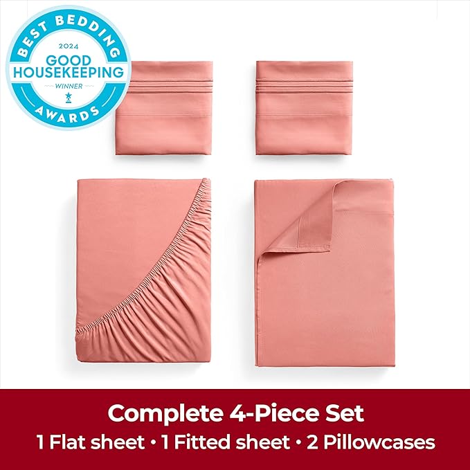 Mellanni Extra Deep Queen Sheets - 4 PC Iconic Collection Bedding - Hotel Luxury, Ultra Soft, Cooling Bed Sheets - Wrinkle, Fade, Stain Resistant (Queen, Coral)