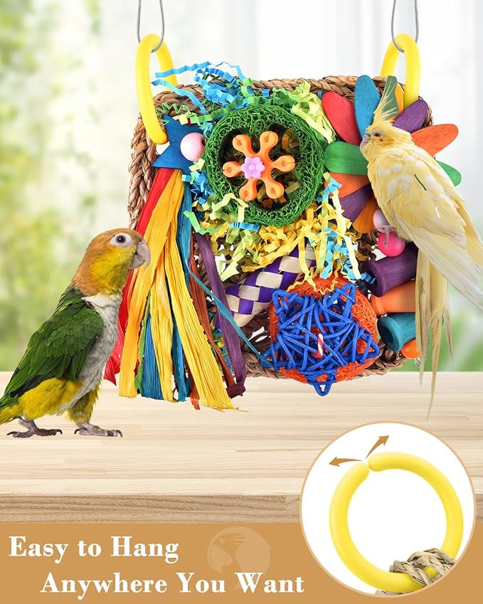 ERKOON Bird Cockatiel Toys Foraging Toys Hanging Parrot Toys for Lovebrid Parakeets Conures Bird Foraging Wall with Colorful Toys for Birds Shredding Seagrass, Birds Cage Toy Accessories