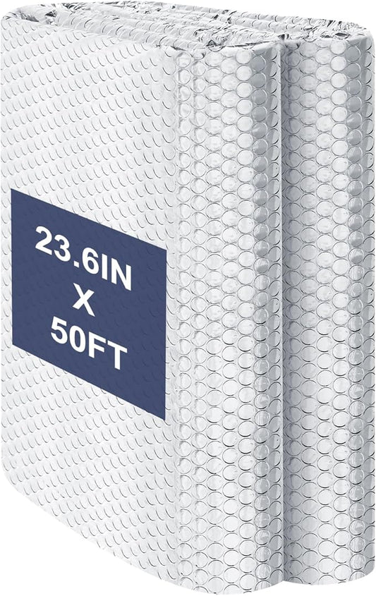Double Reflective Bubble Foil Insulation Foam, 23.6IN X 50FT Aluminum Foil Thermal Insulation Radiant Barrier for Windows, Garage Door, RV, Roof
