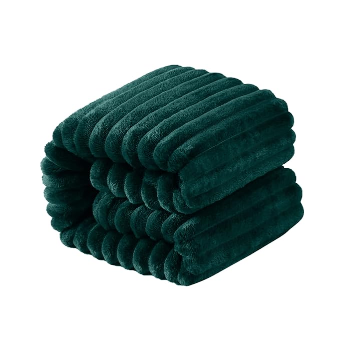 NTBAY Plush Flannel Twin Bed Blanket, 60x80 Inches Soft and Warm Lightweight Bed Blanket with Striped Texture for Couch, Sofa, All Seasons, Dark Green