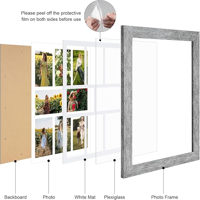 13x17 Picture Frame Display 8 opening 4X6 Picture Frame Collage,Multi Photo Frame with Mat,Plexiglass,Wall or Tabletop Decor,Grey Wood Grain