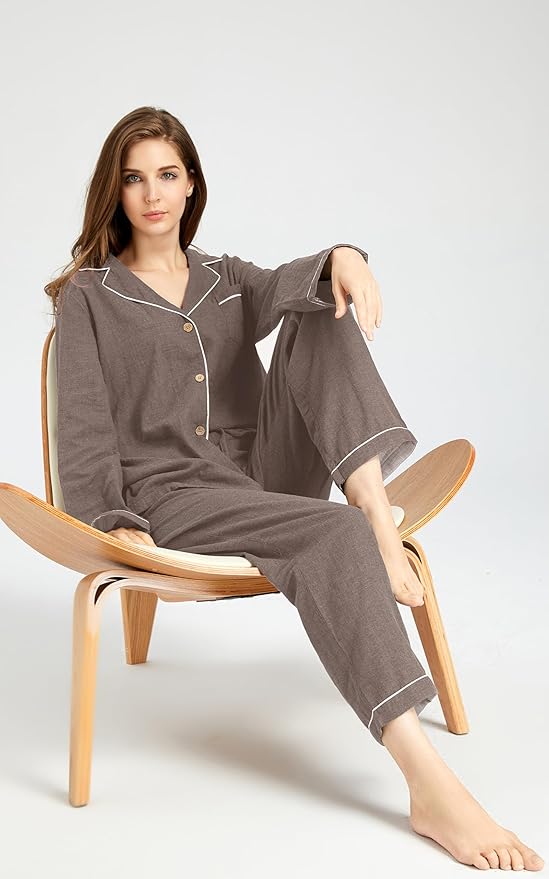 Womens Pajama Sets 100% Double Gauze Cotton Linen Like Muslin Pajamas Long Sleeve Button Down Sleepwear Soft Pjs Lounge Set