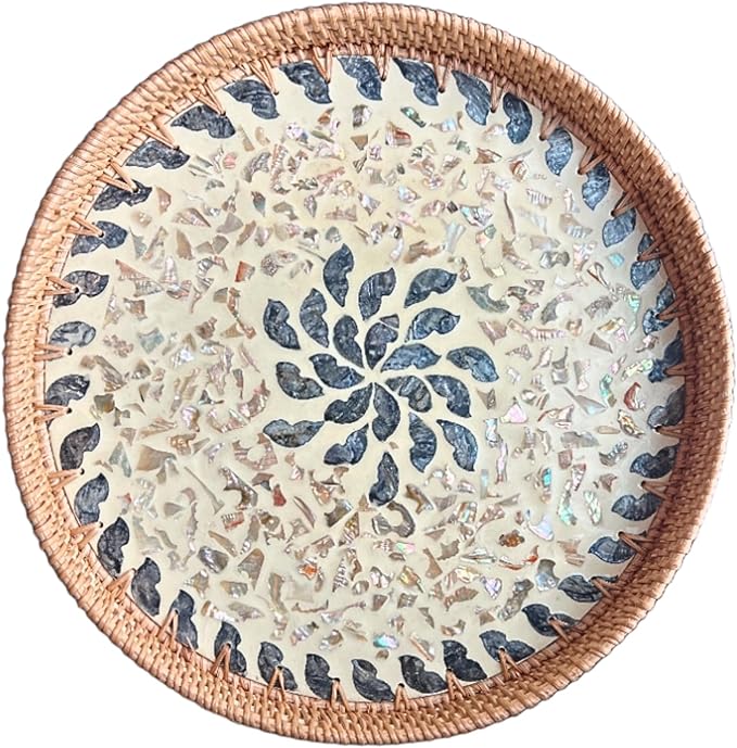 Rattan Serving Tray with Mother of Pearl, Round Coffee Table Wicker Tray Decor, Boho Decorative Woven Tray (Lucky Flower, 12 inch)