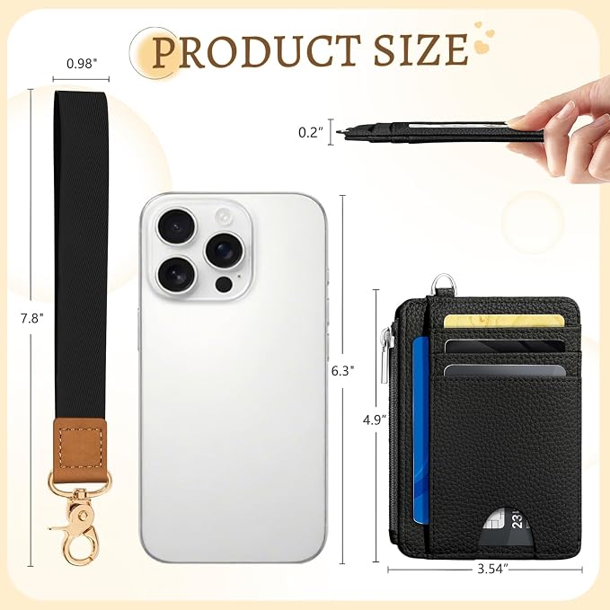 Kelvoris Credit Card Holder Small Wallet Women, Slim RFID, Pure Black | Keychain, Zipper Coin Pocket, Front Pocket Thin Travel Card Case, Minimalist, 6 Card Slots, 1 ID Window, Ladies Gifts Woman