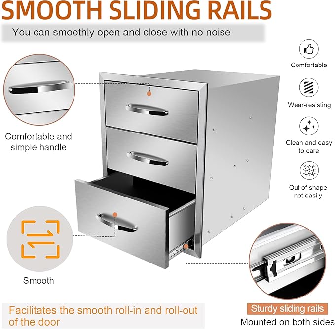 Outdoor Kitchen Drawers Stainless Steel 18W X 24H X 23D Inch, Flush Mount Triple BBQ Island Drawers with Handle for Outdoor Kitchens, Patio or Grill Station