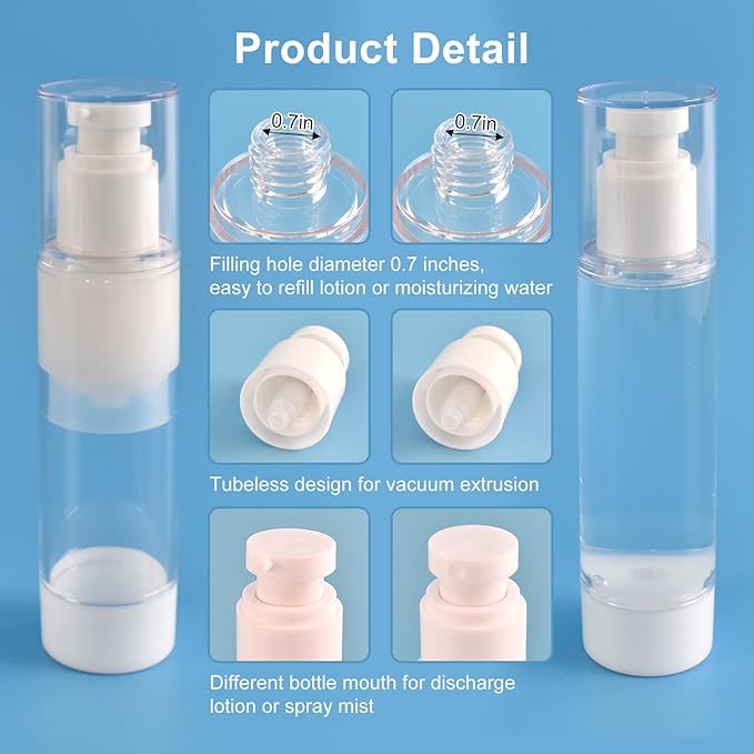 Airless Pump Bottles, 3.4oz/100ml lotion dispenser & Mist Spray Bottle for Toiletries, Refillable Travel Lotion Container,2pack Small Pump Bottle with 2pcs of 100ml Travel Pouches & Labels