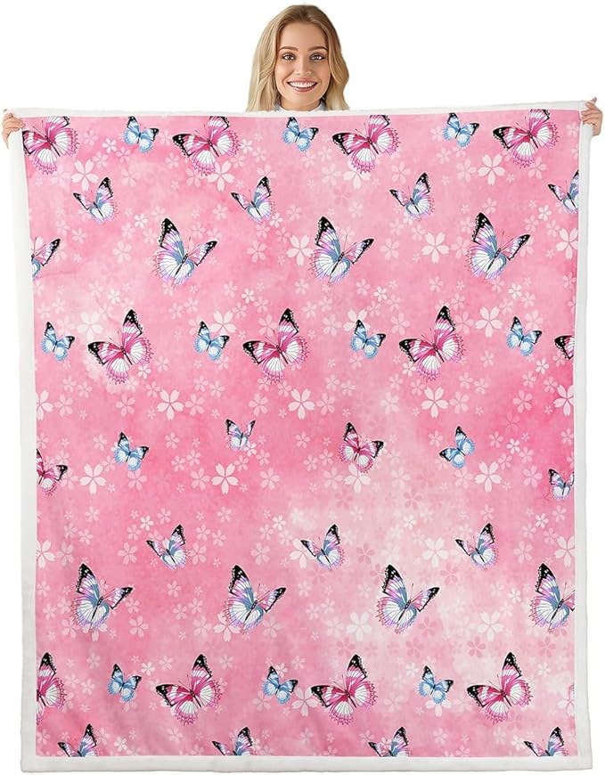 Feelyou Girls Butterfly Fleece Throw Blanket Throw 50"x60" Kids Pink Cherry Blossom Sherpa Blanket Plush Fuzzy for Bed Couch Chair Living Room, Beautiful Butterflies Bed Blanket Room Decor