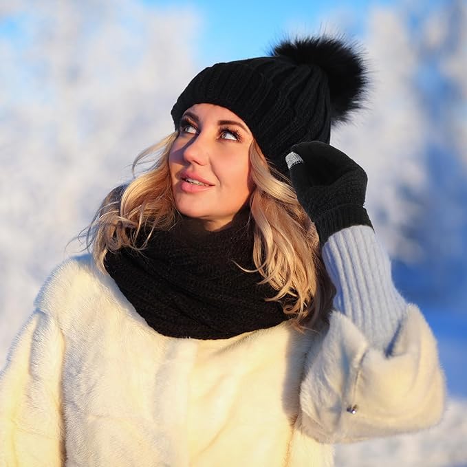 SATINIOR 5 Pcs Winter Satin Lined Hat Scarf Gloves Set Knit Pompom Beanie Warm Touchscreen Glove Earmuff Ear Warmer for Women