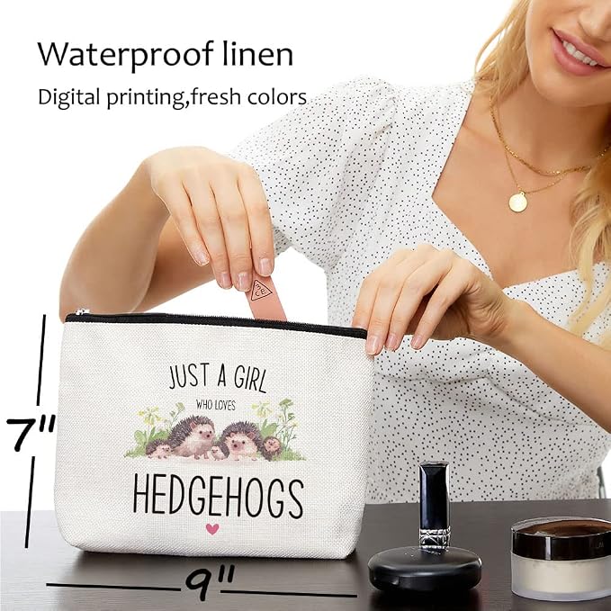 Blue Leaves Funny Hedgehog Makeup Bag Cosmetic Bag | Gifts for Women, Animal Lover, Birthday Christmas Gift for Teens, Daughter, Sister, Bestie, Just A Girl Who Loves Hedgehogs